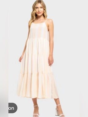 August Sky Striped Tiered Midi Dress Small Peach/Cream NWT
